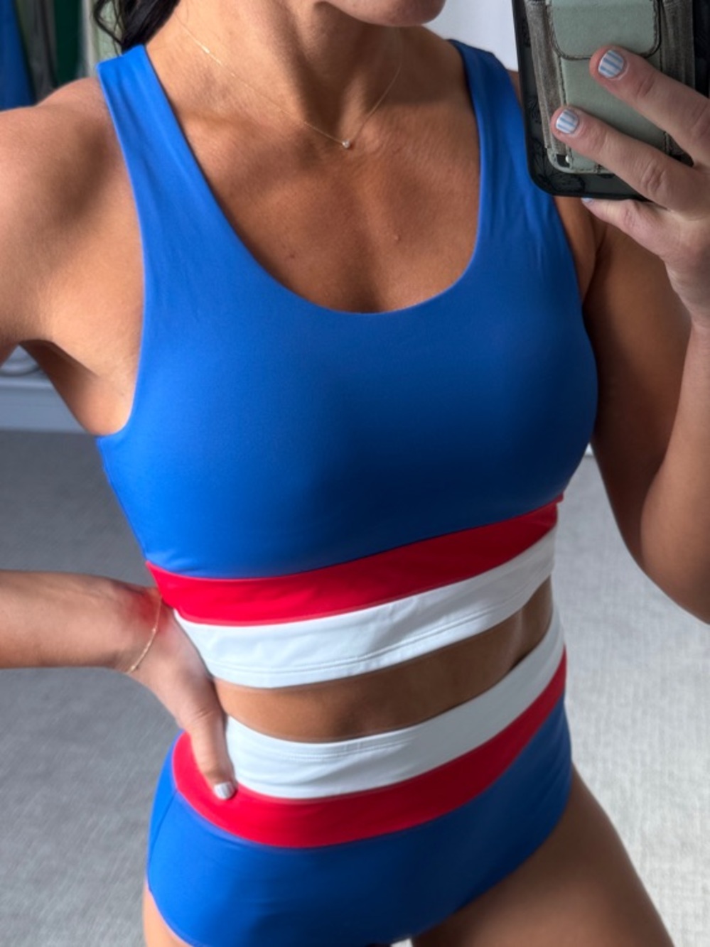 KIAVA Blue Red and White Colorblock Sport Swim Top & high waisted swim bottoms